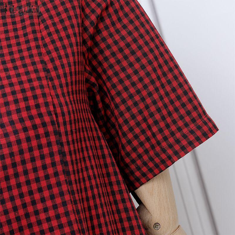 ZANZEA Women Casual Button Round Neck Short Sleeve Plaid Print Dress