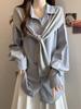 Women's Blue Striped Two-Piece Shawl Long-Sleeve Shirt - 2025 Autumn Loose Fit Korean Style