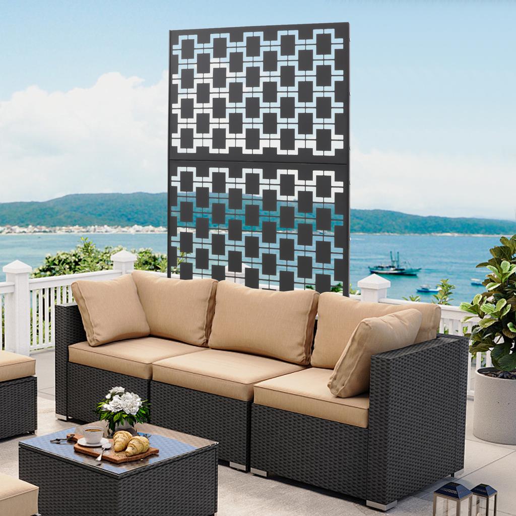 Modern Black Grid Privacy Screen Fence, Free Standing Outdoor Decorative Panel with Steel Frame, Metal Partition Wall for Garden