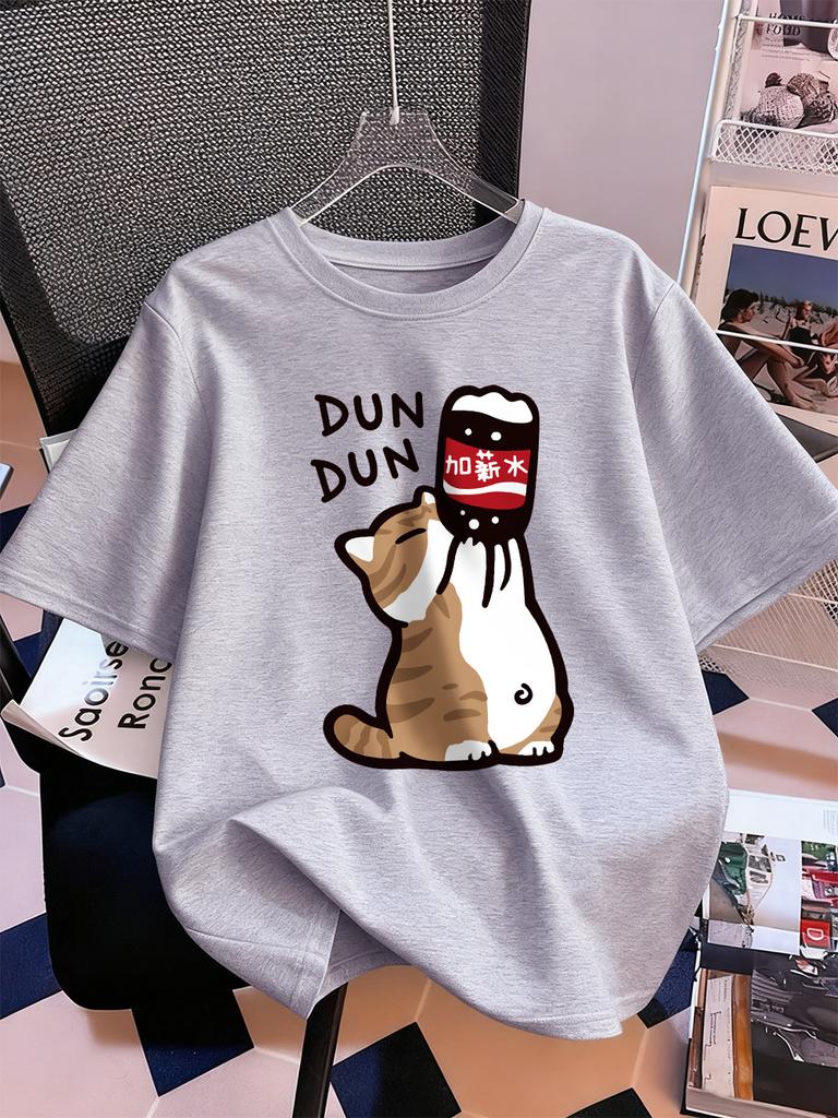 Drink Cartoon Dun Dun Cat Prints TShirts Womens Cotton Summer Short Sleeve T Shirt Loose Soft ONeck Tops Casual Womans Clothes