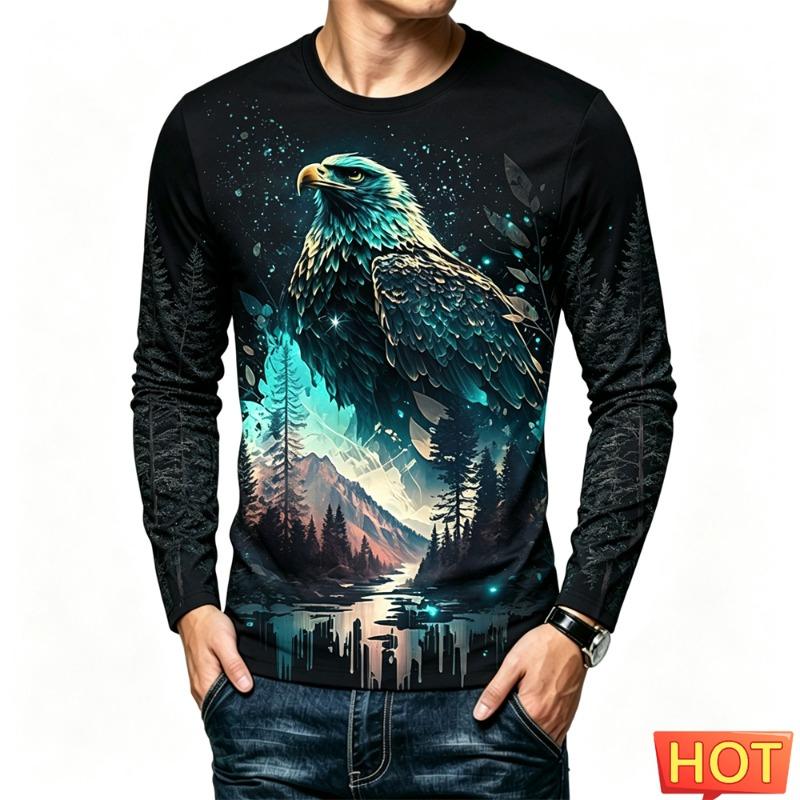 Funny 3D Eagle Print Men's T Shirts Autumn Trend Long Sleeve T-shirt Casual O-neck Loose Tops Fashion Animal Pattern y2k Clothes
