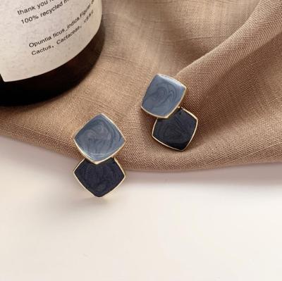 New Korean Fashion Enamel Double Square Drop Earrings Geometric Unique Blue Rhombus Hang Earrings For Women Trendy Jewelry Gifts