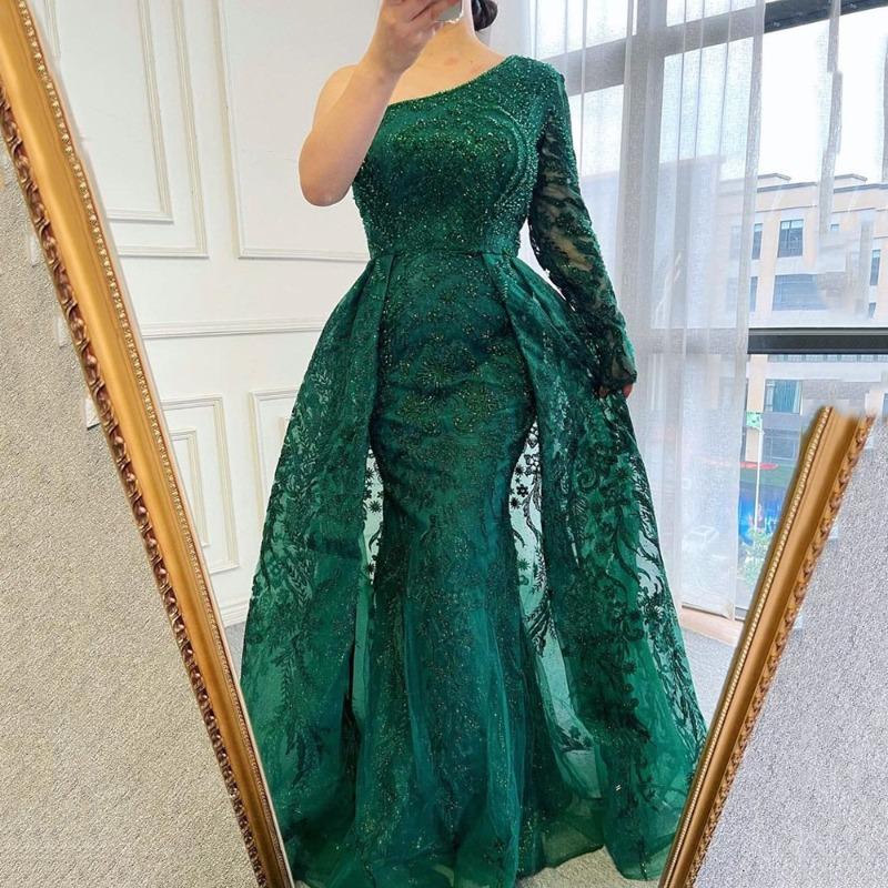 Suer Women's Slim Fit Fishtail Dress Dress Mesh Bead Trendy Slant Shoulder Long Sleeve Dress