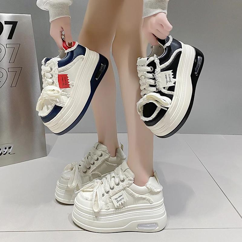 Fashion New Women Chunky Sneakers Autumn High Platform Leather Shoes Thick Bottom Vulcanize Shoes Breathable Female Casual Dad Shoes 8CM