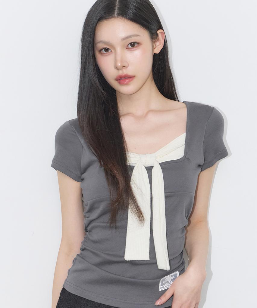 ILLIGO Layered Ribbon Tie T-Shirt Charcoal