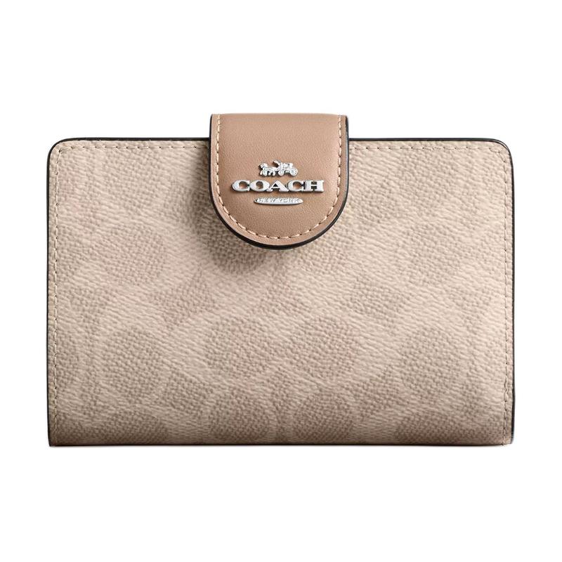 

COACH SignatureCanvas 13 Branded logo snap closure Premium leather Wallet Women s Sand sand color коричневий