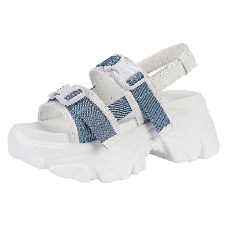 Sandales à semelles épaisses et sangles de grande taille pour femmes, sandales de plage à talon moyen avec boucle à un mot, chaussures pour femmes à talon compensé