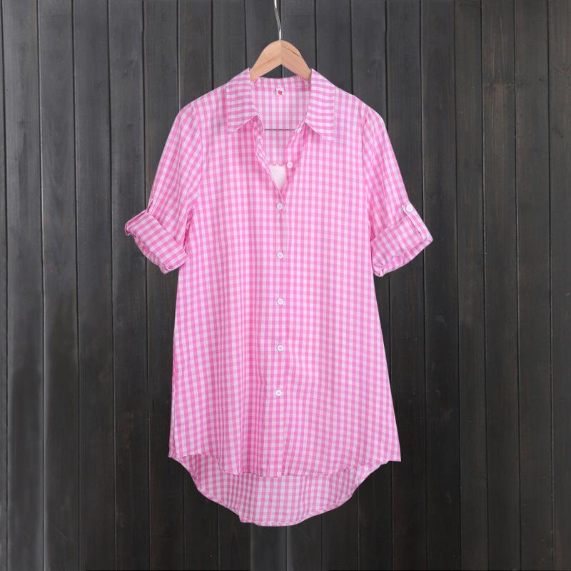 Plaid shirt women's medium and long foreign style fashion design sense spring and autumn thin coat cardigan pure cotton shirt