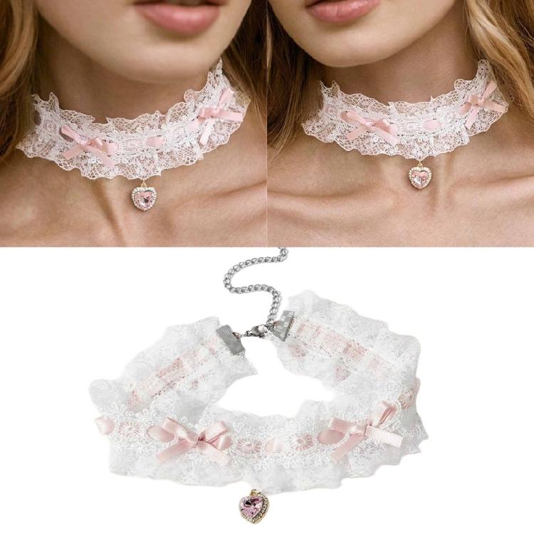 Double Layer Lace Bowknot Crystals Heart Necklace Alloy Adjustable Chain Jewelry Ideal for Romance Date