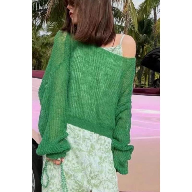 Spring Autumn Long Sleeve Knitted Thin Women Sweater Off Shoulder Simple Transparent Shirt Office Casual Fashion Elegant Loose Tops Solid Clothes