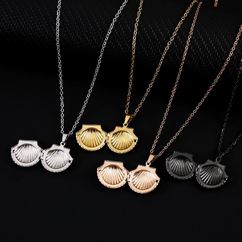 Shell Style Photo Box Pendant Necklace with Cross Mirror Stainless Steel Polished Surface on Flat Chain