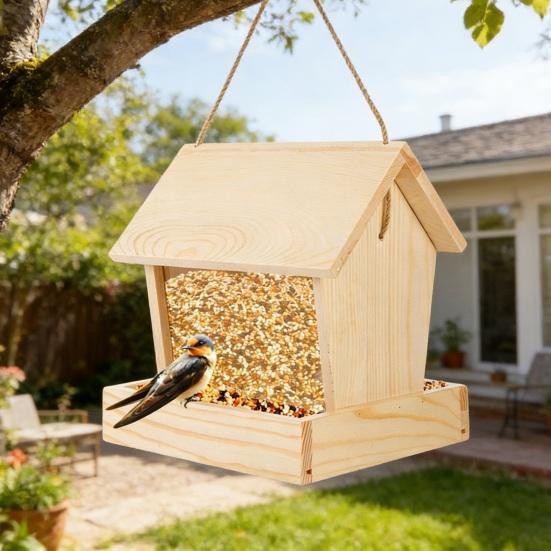 Wooden Hanging Bird Feeder with Easy-Open Roof Weatherproof Outdoor Wild Bird Feeder for Garden Patio Balcony Large Capacity Seeds Container for
