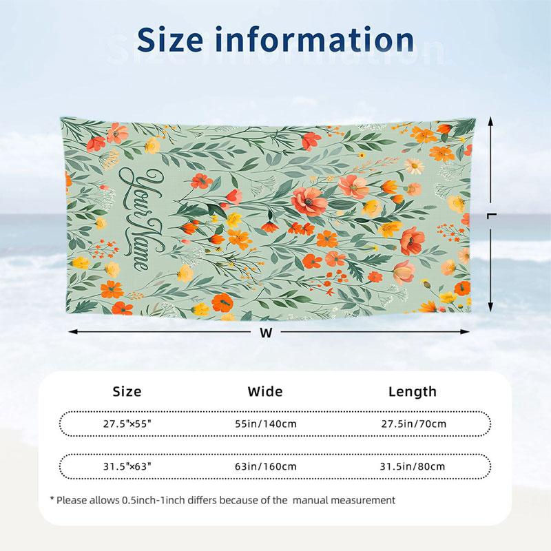 Floral Elegance 11 Theme Quick Dry Beach Towel Custom Name Text Print Large Sand Resistant Towel Beach Vacation