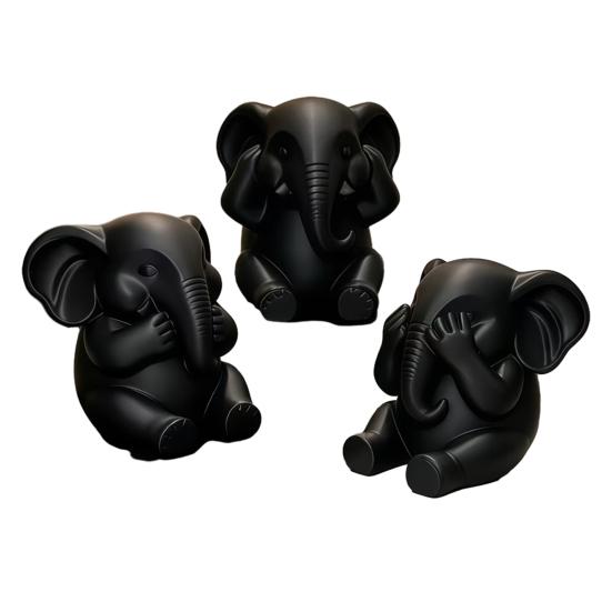 Matte Black Elephant Statues 3Pcs Elephants Figurine, 3D Printed No See Hear Speak Modern Desktop Ornaments Statues, Minimalist for Office Bedroom