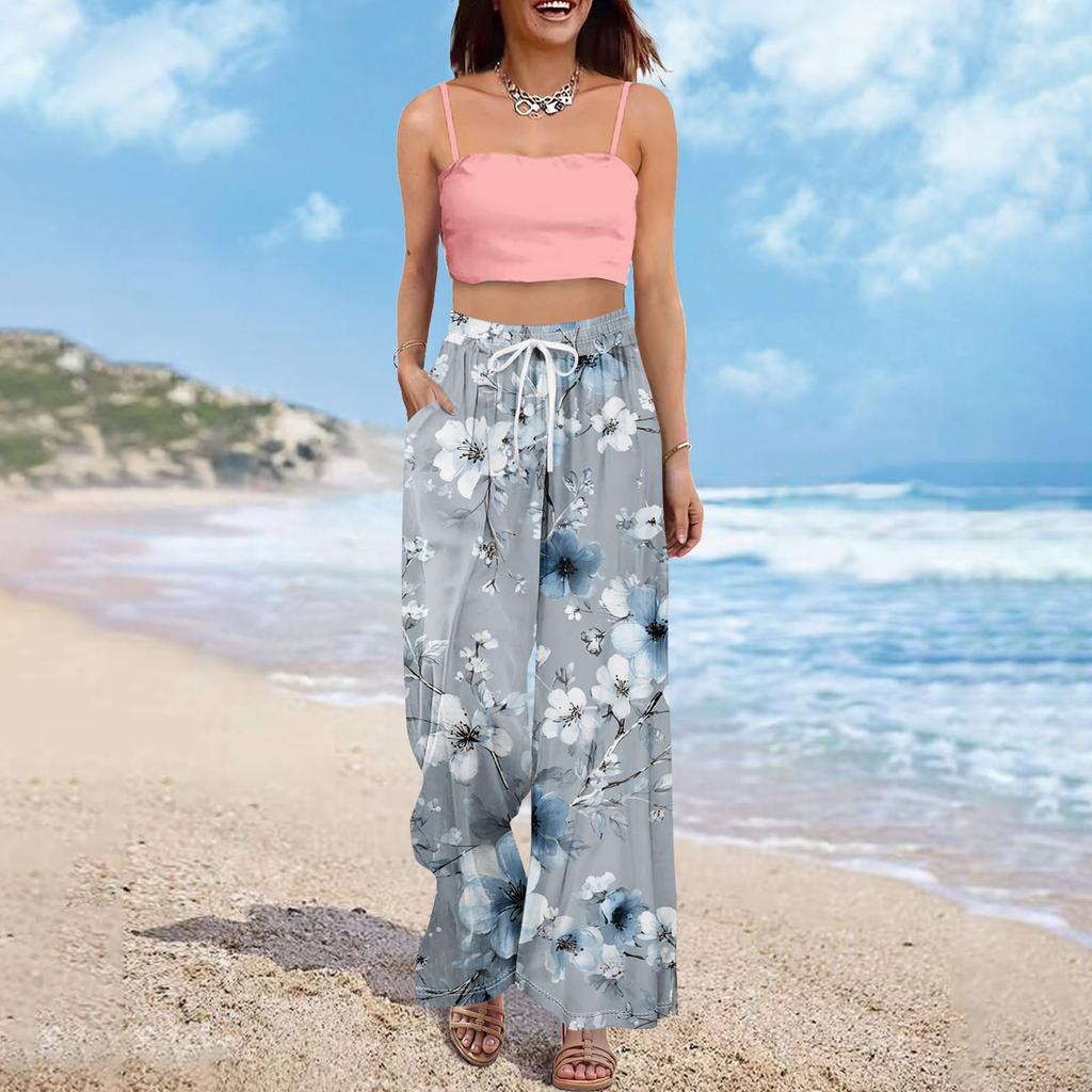 מכנסי פאלאצו קיציים בוהו לנשים מותן גבוה רגל רחבה הדפס פרחוני מכנסיים קז'ואל עם כיסים