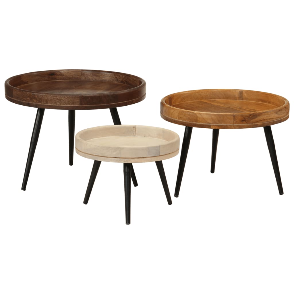 3 Piece Round Coffee Tables Set Solid Mango Wood