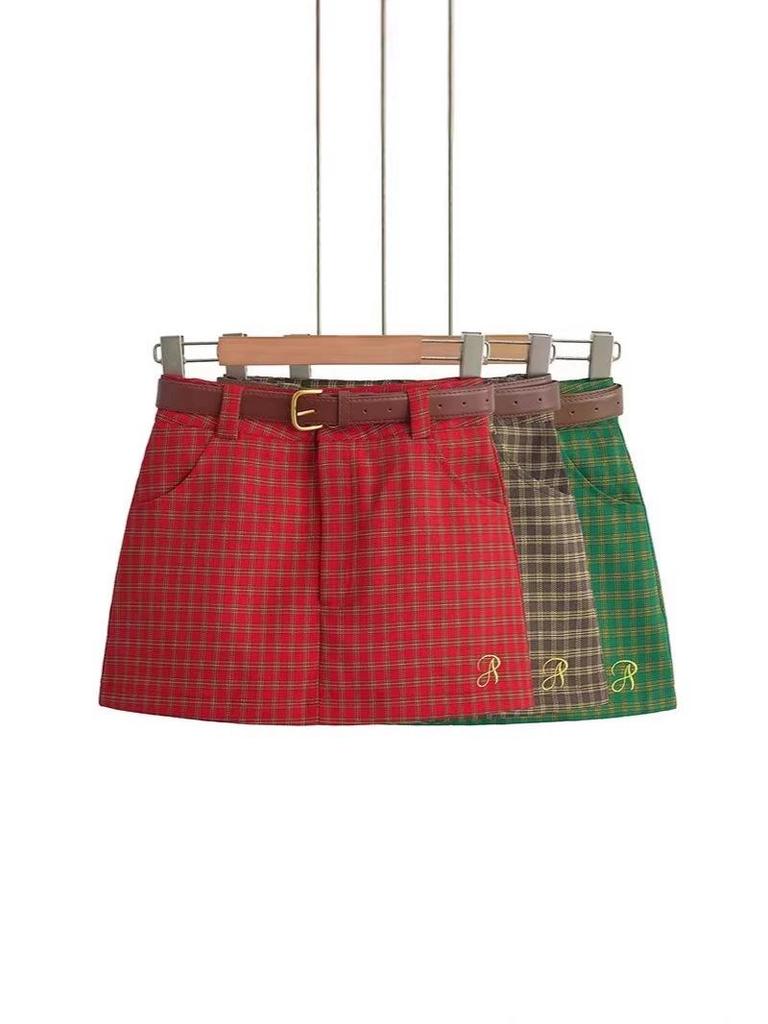 Korean Retro Plaid Short Skirt with Letter Embroidery - Women's Slimming A-line Style