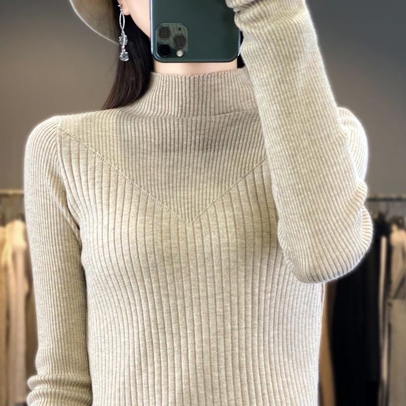 

Осень и зима новый полувысокий воротник длинный рукав женский гребенной шерсти вертикальная полоса вязаный свитер пуловер свитер базовая рубашка S