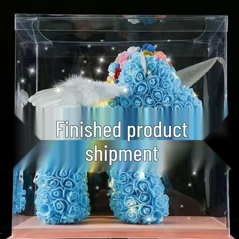 Qixi Unicorn Rose Preserved Flower & Teddy Bear Gift Set for Girlfriend or Kids