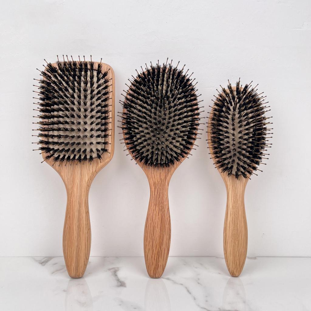 Premium Oak Wood Oval Paddle Hairbrush with Boar Bristles Cushion Detangling Massage Comb for Thin and Thick Hair Custom Logo