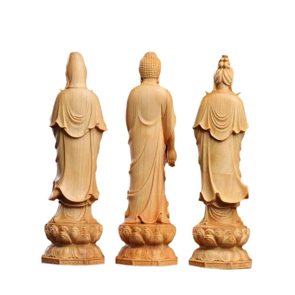Cliff Cypress and Boxwood Carving San Sheng Guan Yin Bodhisattva Home Living Room Desktop Decoration Handicraft Holiday Gifts