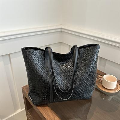 Bolsa Tote de Ombro Transversal Casual Simples Moda Cor Sólida Feminina com Padrão Tecido Retrô e Grande Capacidade