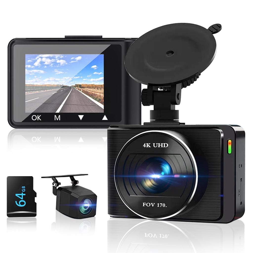 Dash Cam with Front and Rear 4K Full Continuous Impact Loop Parking LED Traffic Light Direct Power 64GB Card Included Cameras, 170° Ultra-Wide Angle,