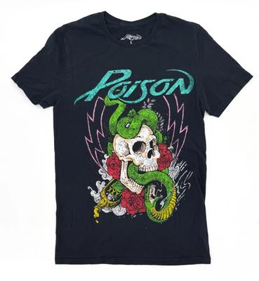 Poison Shirt Herren Klein Schwarzer Totenkopf Schlange Rose 80er Rockkonzert Vintage Stil