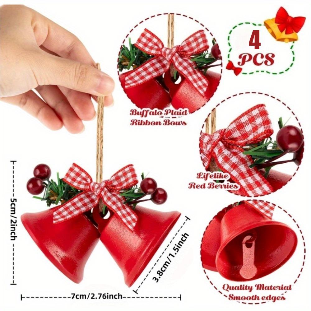 4/12pcs Cast Iron Christmas Bells Decorations with Red & White Gingham Bow & Greenery - Durable Indoor Hanging Decor for Tree