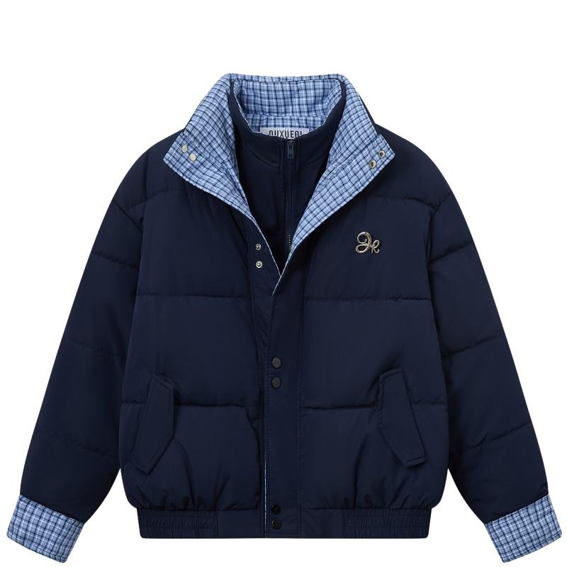 Winter Loose Plaid Patchwork Cotton Coat Women Double Layer Collar Puffer Jacket