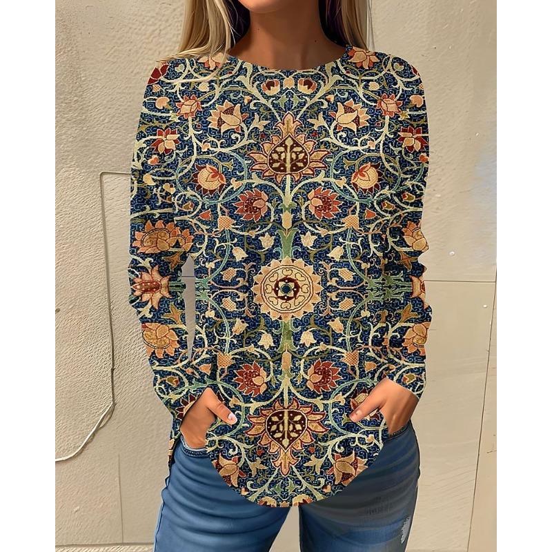 

Жіноча футболка з круглим вирізом та довгими рукавами з квітковим принтом, модна повсякденна кофта, одяг-пуловер 2XL