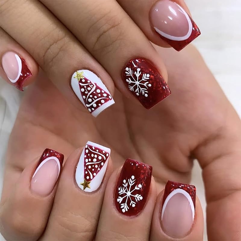 Cute Snowflake Deer Fake Nails Short Square Christmas Press On Nails with Heart Glue On Nails Glossy Winter Xmas Acrylic Stick On Nails for Women DIY