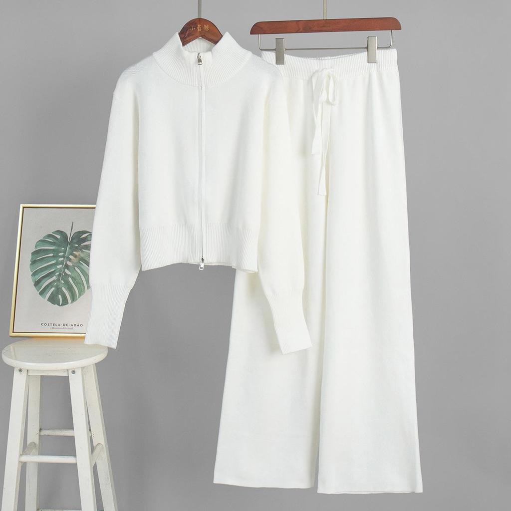 Dámská pletená žebrovaná mikina na zip a široké kalhoty v růžové barvě