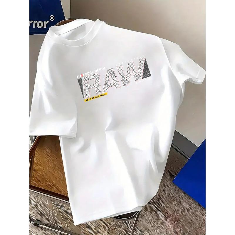 European Sizes Men's CORE DENIM RAW Letter Print Sporty Casual Crew Neck Short-sleeved T-shirt, Comfortable Casual Short-sleeved T-shirt