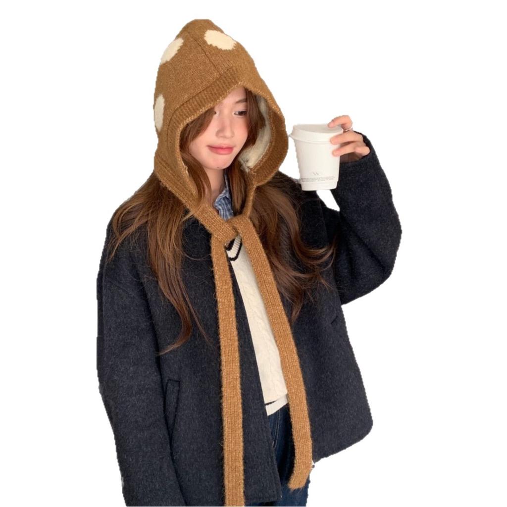 Autumn and winter new polka dot versatile face small lace-up French hat women's warm knitted wool bag head ear hat