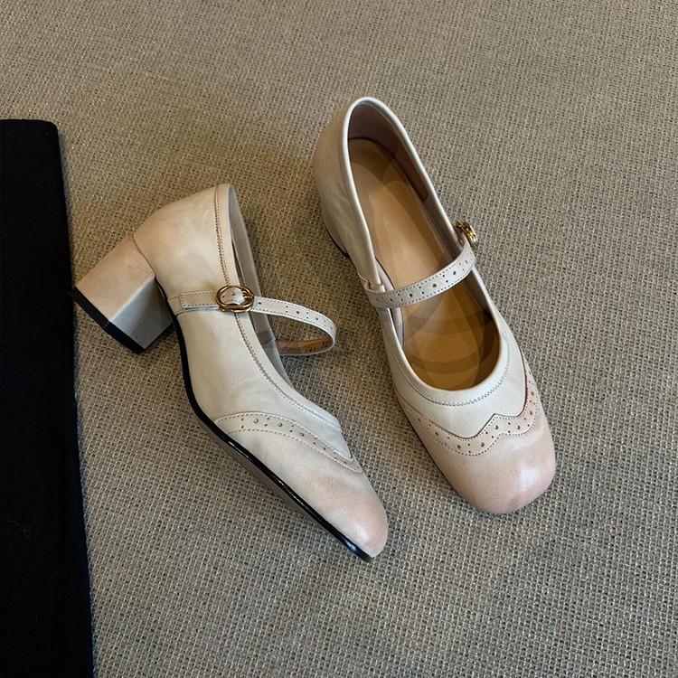 Spot version~ Versatile one-word buckle light mouth thick heel Mary Jane shoes women's retro Block square head soft leather small single shoes