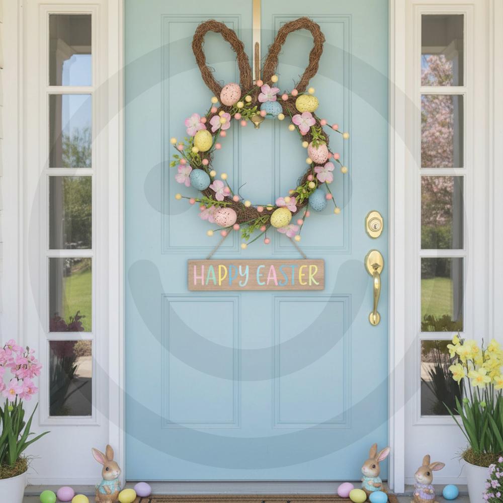 Easter Bunny Wreath for Porch Front Door Cute Garland Easter Wreath with Artificial Floral & Colorful Eggs Festival Decorations
