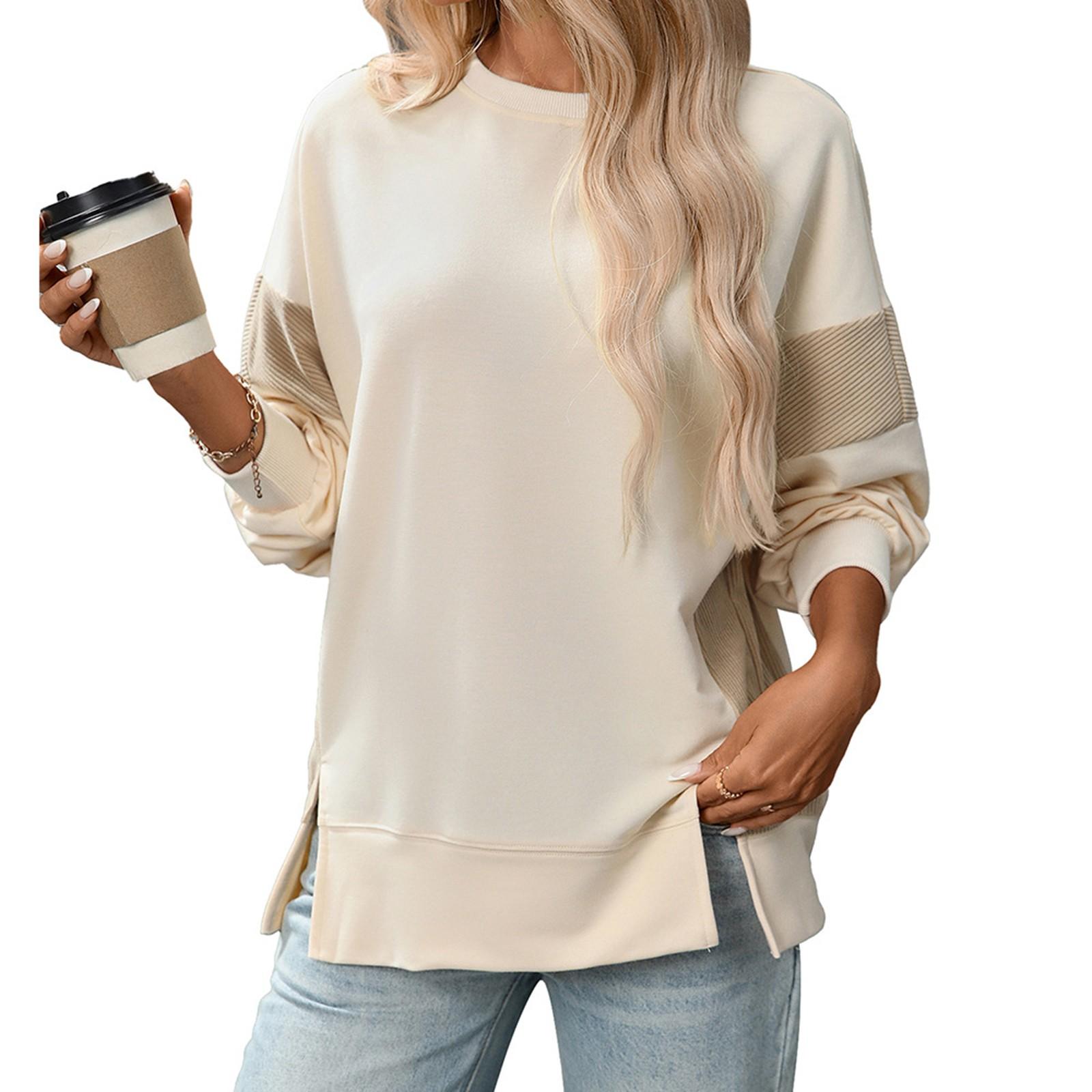 

Women s Casual Splicing Long Sleeve Round Neck Sweatshirt L бежевый