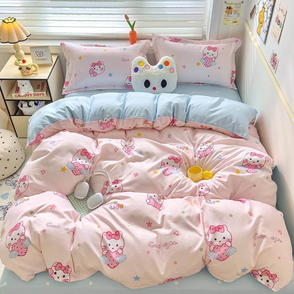 Class A Maternal Infant Grade Small Fresh Pure Cotton Abraded 4-Pcs Set, Skin-Friendly Bed Sheet Washed Cotton Quilt Cover, Dormitory 3-Piece Set