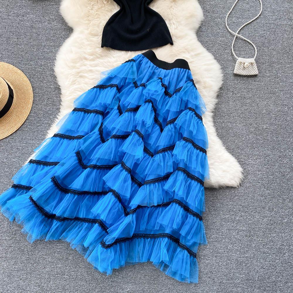 Sweet Temperament Two-Piece Suit V-Neck Knitted Top Blue Cake Skirt Mesh High Waist Retro Tutu Skirt
