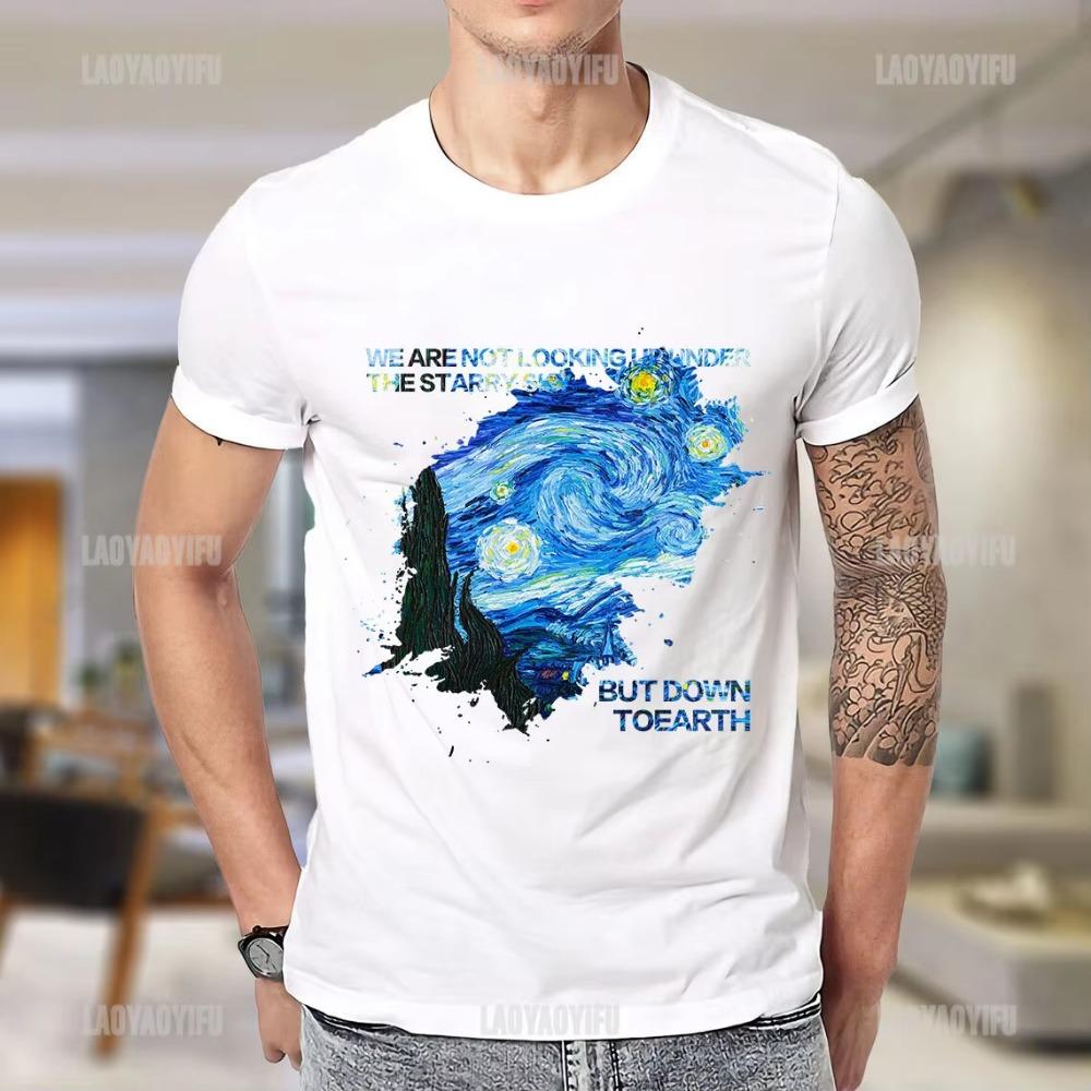 ClassicVintage Men T Shirt Vincent Van Gogh The Starry Night with Middle Earth Sauron Tower Printed Woman Tshirt Streetwear
