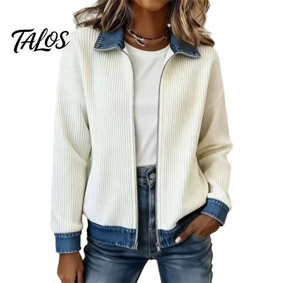 Ribbed Corduroy Top Women Denim Zip-Up Jacket, Long Sleeve Casual Coat, Relaxed Fit Jacket Fall Winter with Contrast Turndown Collar Outerwear