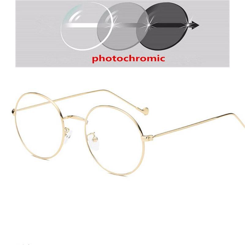 

Metal Material Blue Ray Blocking And Photochromic Lens Myopic Eyeglasses Finished Anti-UV Round Prescription Glasses Diopter 0 -0.5 -0.75 To -6 0