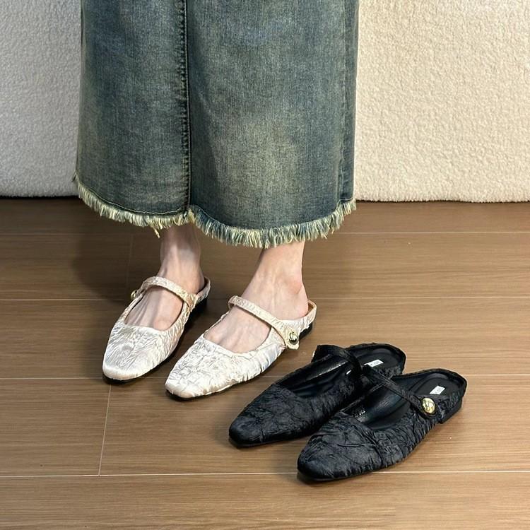 Sheepskin version~ New Chinese baotou half slippers, female style gentle fairy style lazy person with one foot, flat-soled muller shoes