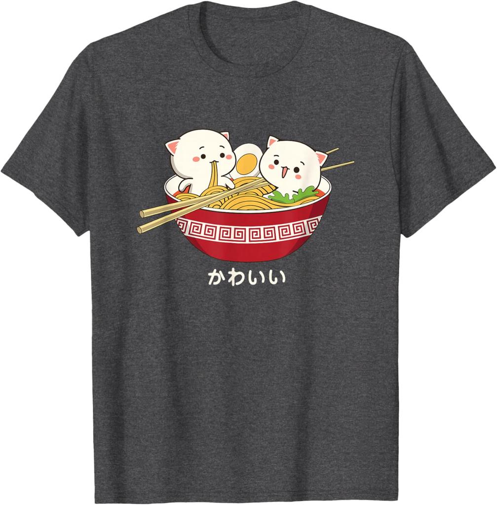 Kawaii Cat Ramen Eating Noodle Graphic Tee Cute Japanese Animal Lover Cotton T-Shirt For Unisex Teens
