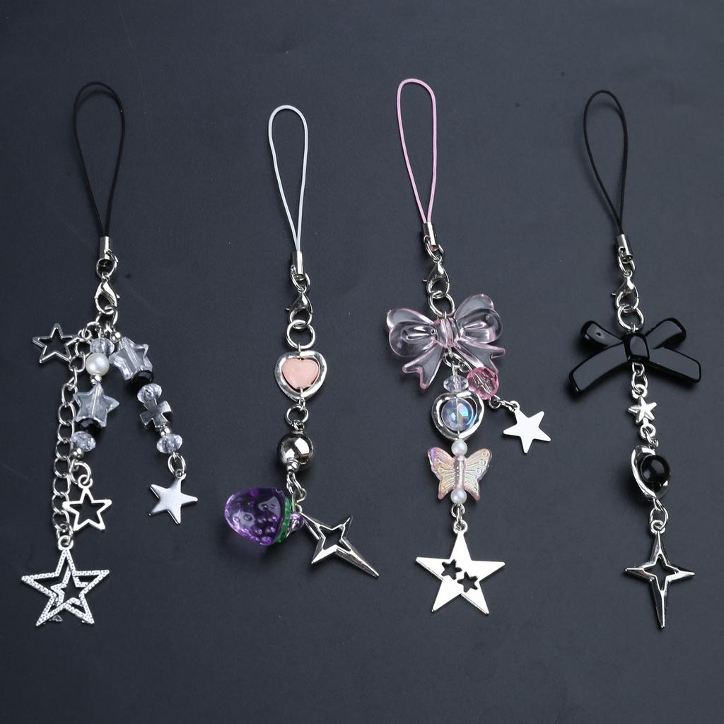 4Pcs Bowknot Star Pendant Phone Charm Hangings Rope Sweet Phone Chain Strap Bag Decoration Lanyard Keychain Accessory