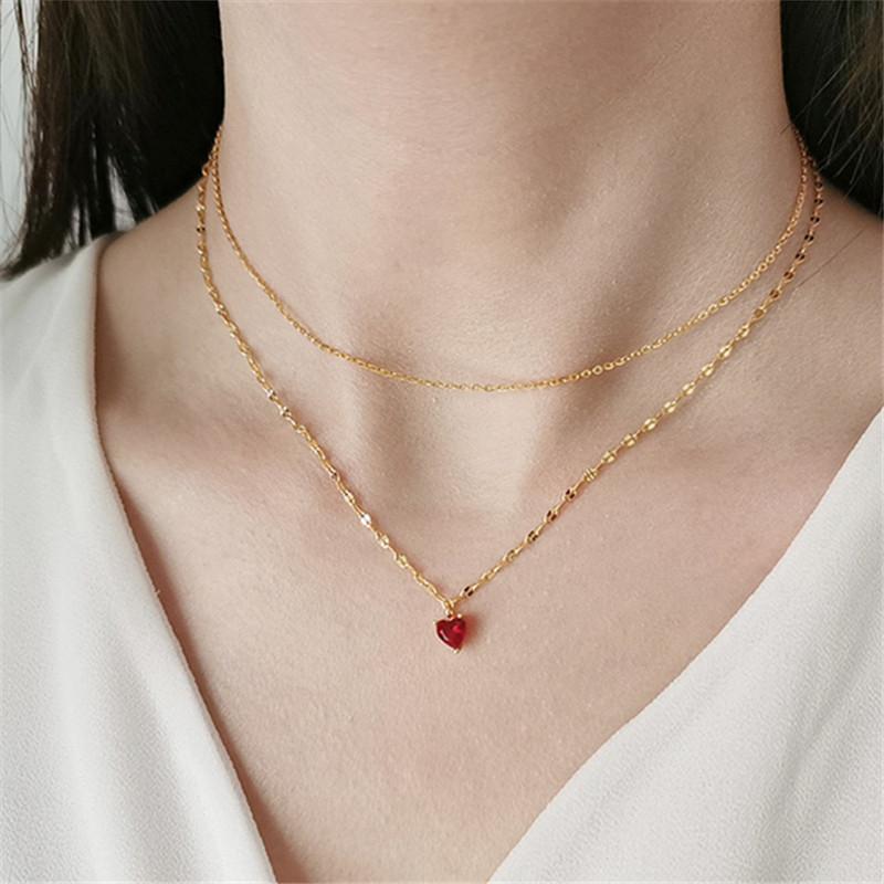 925 Sterling Silver Simple Heart Crystal Pendant Necklace Women Light Luxury Double Clavicle Chain Jewelry