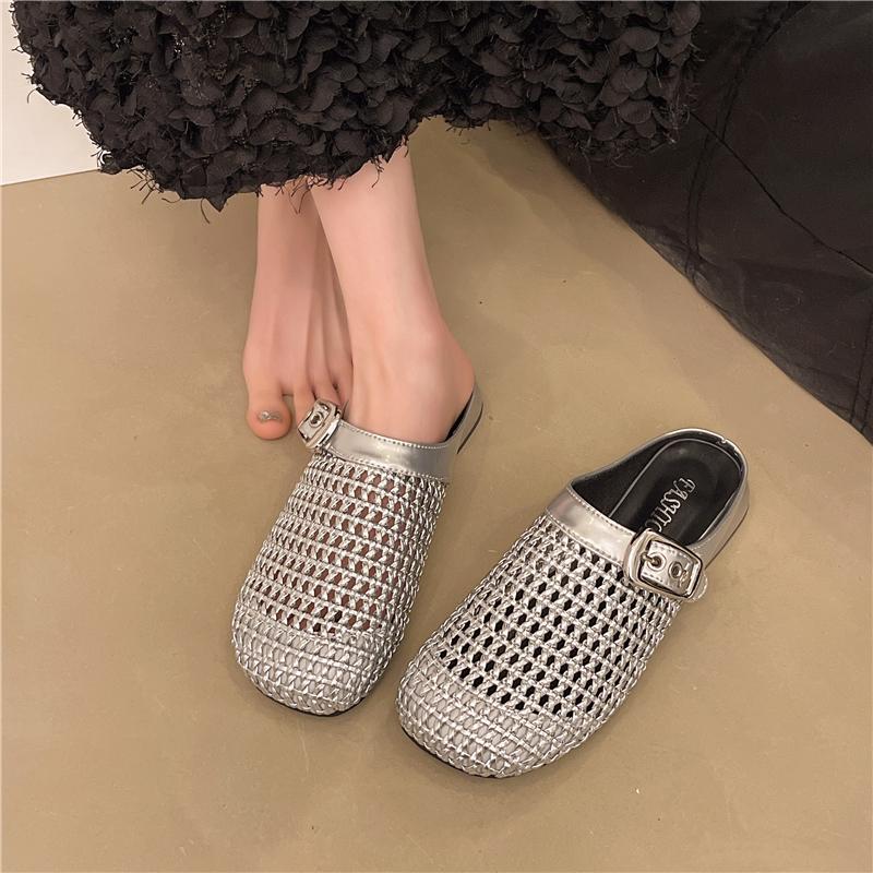 Fashion Women's Half-cup Slippers 2025 New Women Woven Hollow Roman Slippers Summer  Mules Female Shoes