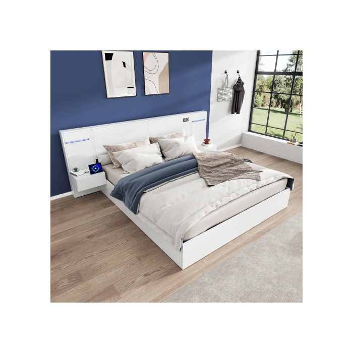 Doppelbett, 160*200 cm, aus Holz, mit USB-Anschluss, 2 Nachttische (ohne Schubladen), ohne Matratze, weiß