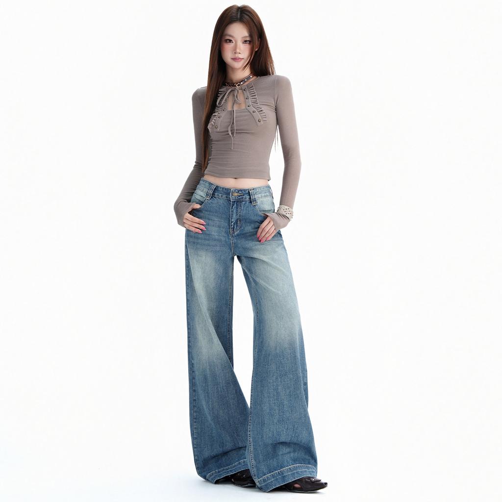Retro blue washed wide-leg jeans women's autumn new high-waisted straight loose and thin floor-mopping pants